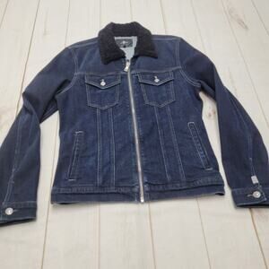 7 for all mankind shearling denim trucker jacket full zip faux fur